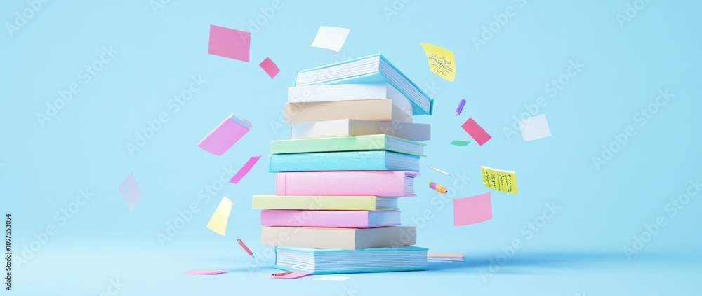 A stack of colorful books surrounded by floating notes and stationery items. A stack of colorful books surrounded by floating notes and stationery items.