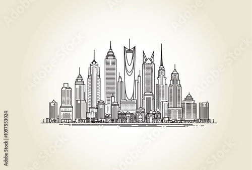 Line drawing of Modern cityscape of Saudi Arabia.