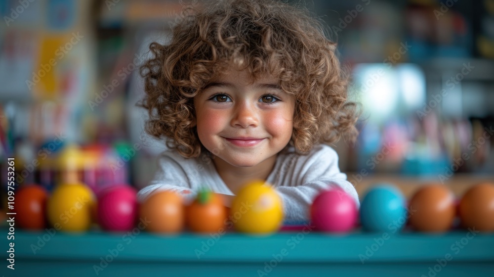 Fototapeta premium Adorable Curly-Haired Toddler Smiles Amidst Colorful Toys