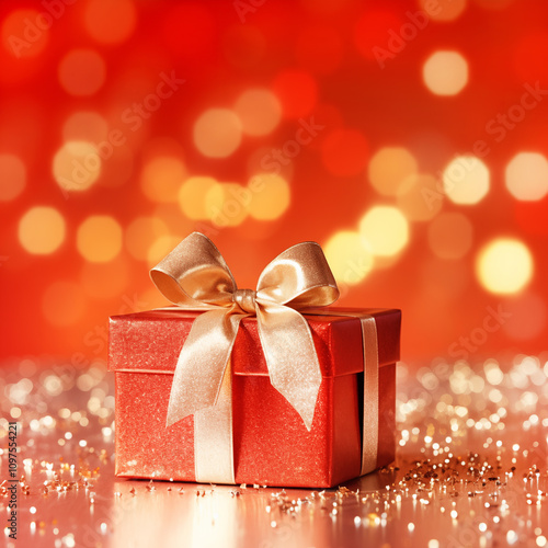 close up of a red box wrapped in light gold pearlescent ribbon on a surface with gold confetti on a red background with yellow bokeh