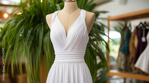 close up of mannequin with white elegant dress on it in clothing store or atelier