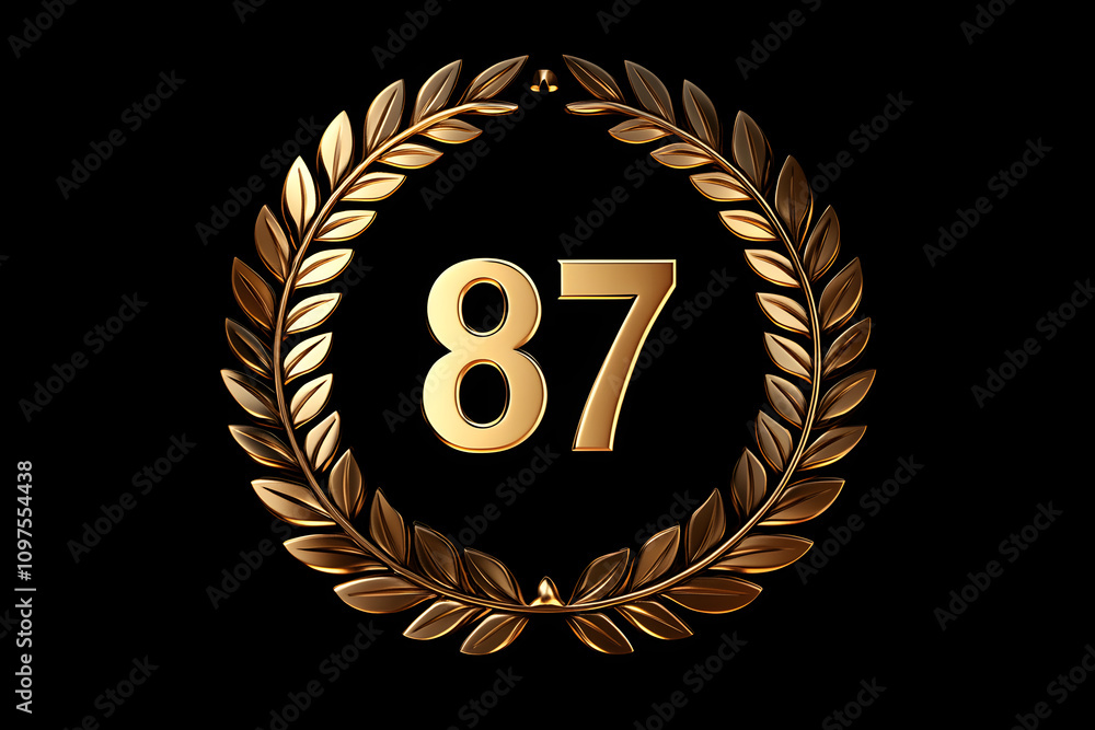 Golden number 87 surrounded by laurel wreath on black background representing achievement, celebration, and excellence in style and design Golden number 87 surrounded by laurel wreath on black background representing achievement, celebration, and excellence in style and design