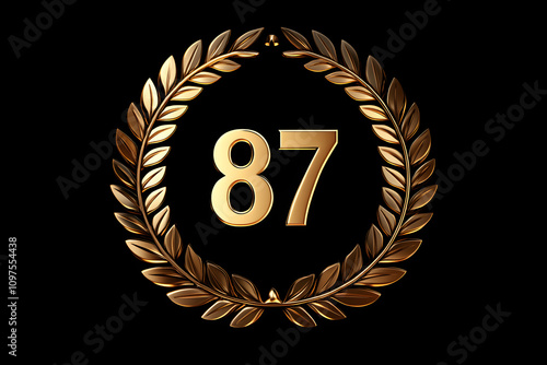 Golden number 87 surrounded by laurel wreath on black background representing achievement, celebration, and excellence in style and design