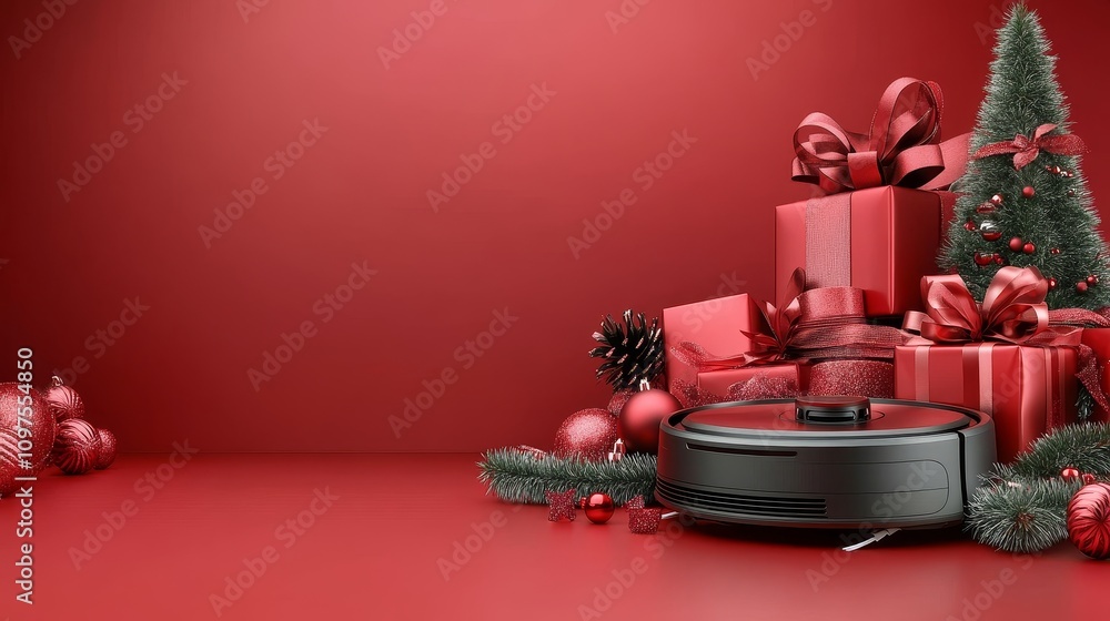 Smart Robot Vacuums isolated on red Christmas background with bow ribbon present with copyspace for your text advertising photography Smart Robot Vacuums isolated on red Christmas background with bow ribbon present with copyspace for your text advertising photography