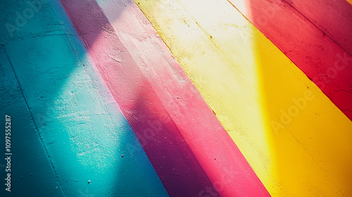 Colorful mural with vibrant stripes illuminated by sunlight at an urban location