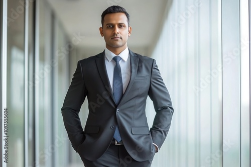 Indian businessman in a suit, standing confidently in modern office, professional demeanor, on solid white background, 