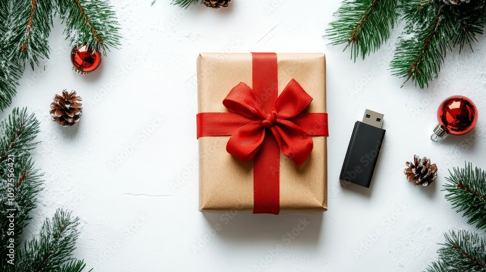 USB Flash Drives isolated on white Christmas background with bow ribbon present with copyspace for your text advertising photography USB Flash Drives isolated on white Christmas background with bow ribbon present with copyspace for your text advertising photography