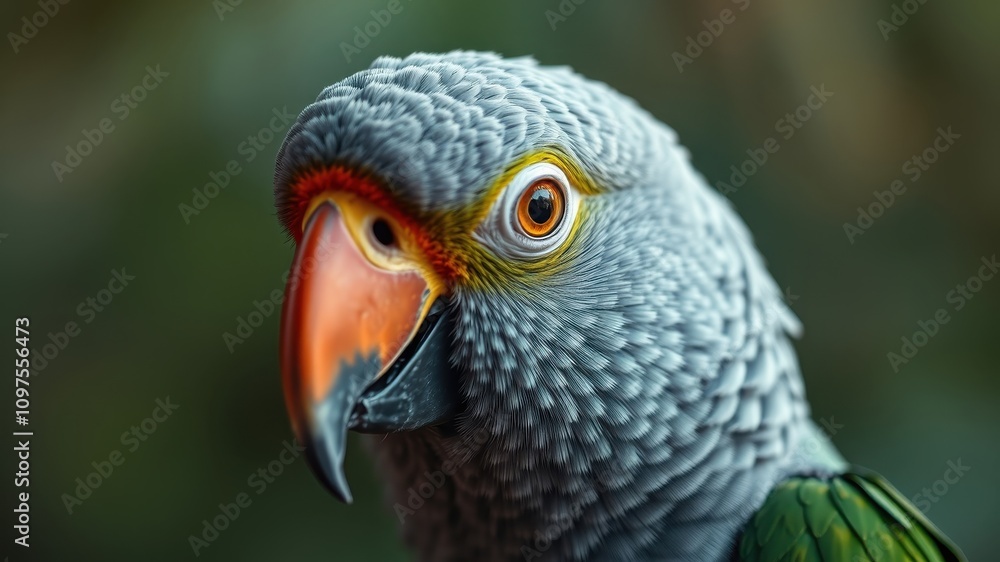 Close-up portrait of a vibrant parrot with gray and green plumage, featuring a striking orange beak and captivating eye. Close-up portrait of a vibrant parrot with gray and green plumage, featuring a striking orange beak and captivating eye.