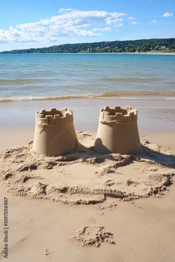 Sandcastles create a playful scene on a sunny beach near the lake in warm summer weather Sandcastles create a playful scene on a sunny beach near the lake in warm summer weather