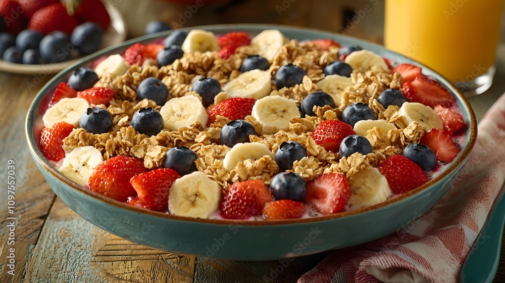 Healthy Breakfast Bowl with Berries and Granola Kitchen Food Photography Cozy Atmosphere Top-Down View Nutritional Lifestyle Healthy Breakfast Bowl with Berries and Granola Kitchen Food Photography Cozy Atmosphere Top-Down View Nutritional Lifestyle