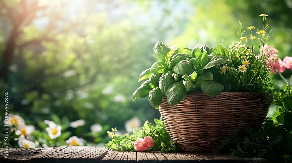 A wicker basket overflowing with fresh basil, mint, and parsley, set on a rustic wooden table in a lush garden. The backdrop includes blooming flowers and soft sunlight filtering through leaves A wicker basket overflowing with fresh basil, mint, and parsley, set on a rustic wooden table in a lush garden. The backdrop includes blooming flowers and soft sunlight filtering through leaves