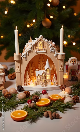 Traditional Christmas Candle Arch Decorations with Festive Ornaments, Pine Greenery, and Warm Candlelight Ambiance