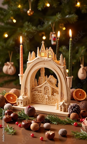 Traditional Christmas Candle Arch Decorations with Festive Ornaments, Pine Greenery, and Warm Candlelight Ambiance