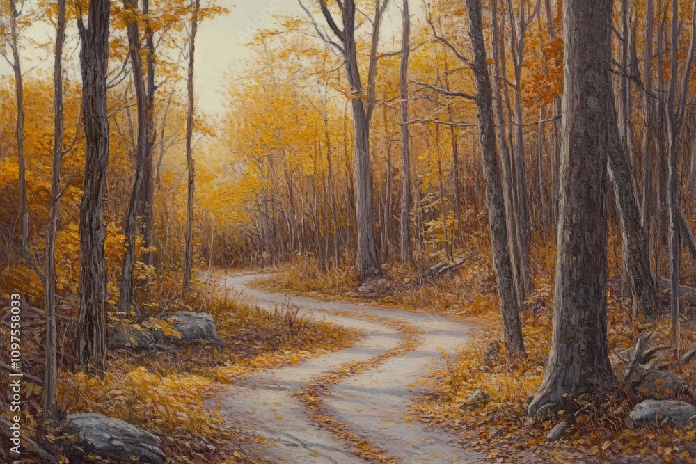 Fototapeta premium Serene autumnal forest path winding through golden foliage, sunlight filtering through trees. Perfect for fall, nature, and travel themes.