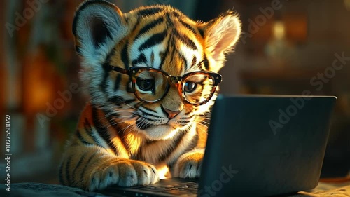 Cute Tiger Cub Wearing Glasses Working on a Laptop at Night