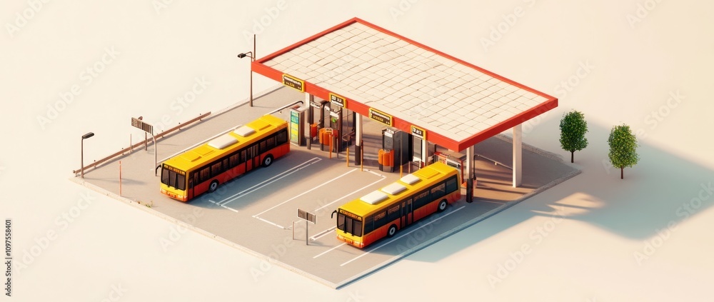 A 3D illustration of a bus station with two buses and a fuel station. A 3D illustration of a bus station with two buses and a fuel station.