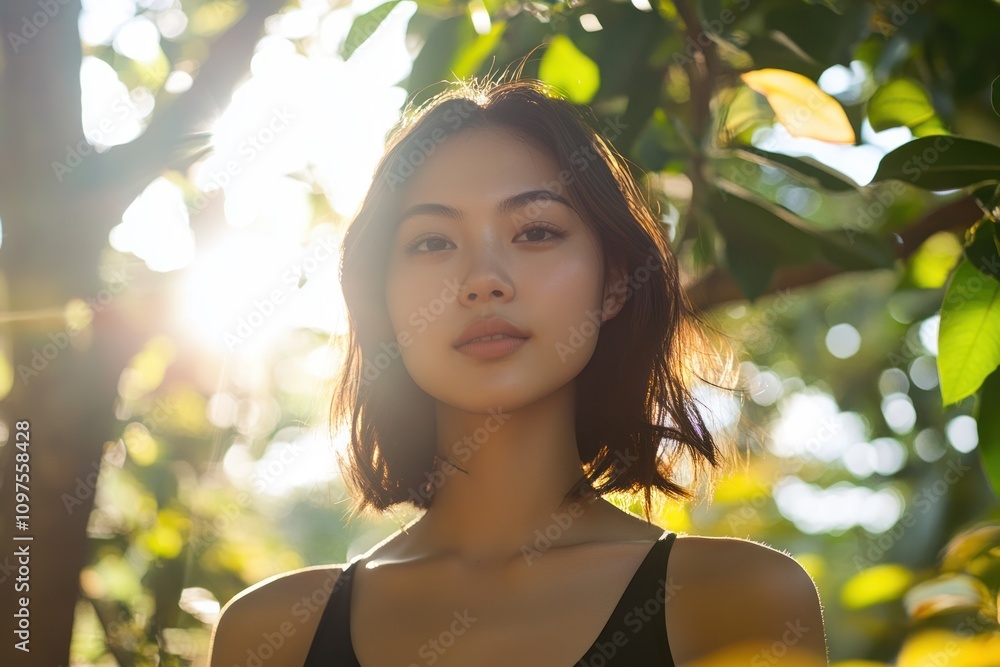 Portrait of a woman in natural light, outdoors with sunlight filtering through leaves Portrait of a woman in natural light, outdoors with sunlight filtering through leaves