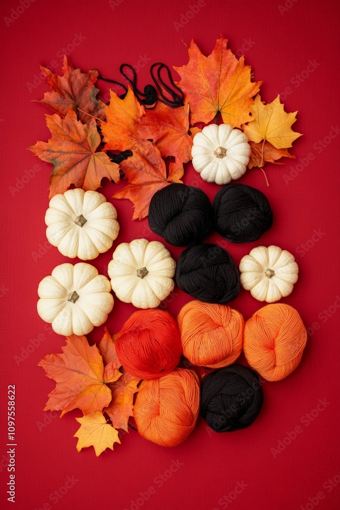 Fototapeta premium Autumn Decor Flat Lay: White, Black, and Orange Pumpkins with Vibrant Fall Leaves on a Red Background for Seasonal Home Decoration Inspiration