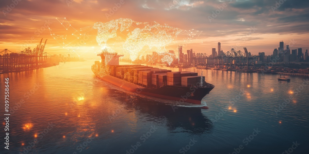 A container ship sails through calm waters at sunset with a digital network worldmap, created by ai A container ship sails through calm waters at sunset with a digital network worldmap, created by ai