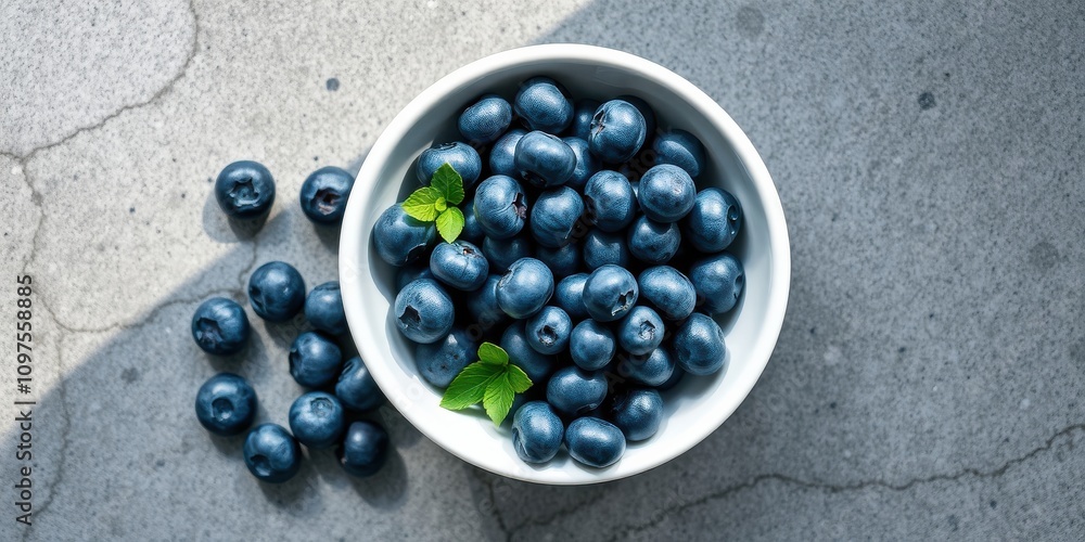 A Bowl of Fresh Blueberries with Mint Leaves on a Gray Surface A Bowl of Fresh Blueberries with Mint Leaves on a Gray Surface