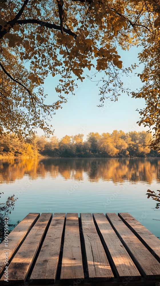 9. A tranquil riverbank with a wooden podium at the water is edge, the calm river reflecting the sky and trees, offering a perfect backdrop for product showcasing 9. A tranquil riverbank with a wooden podium at the water is edge, the calm river reflecting the sky and trees, offering a perfect backdrop for product showcasing