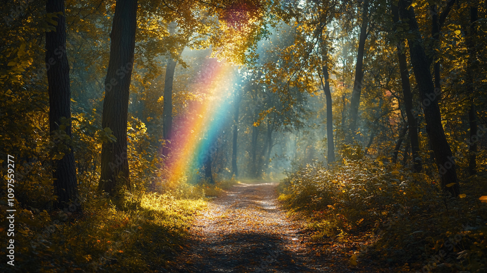 Majestic rainbow illuminating a tranquil forest pathway in autumn daylight Majestic rainbow illuminating a tranquil forest pathway in autumn daylight