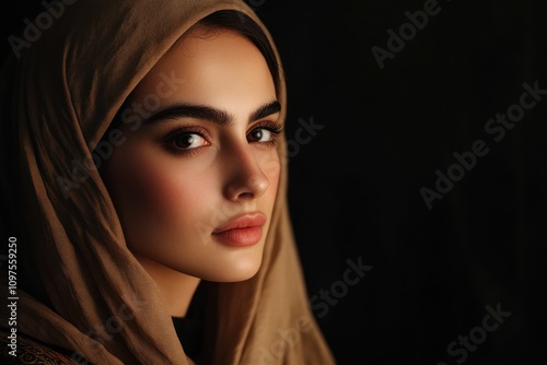 Portrait of a woman wearing a hijab, soft lighting emphasizing elegance and grace 