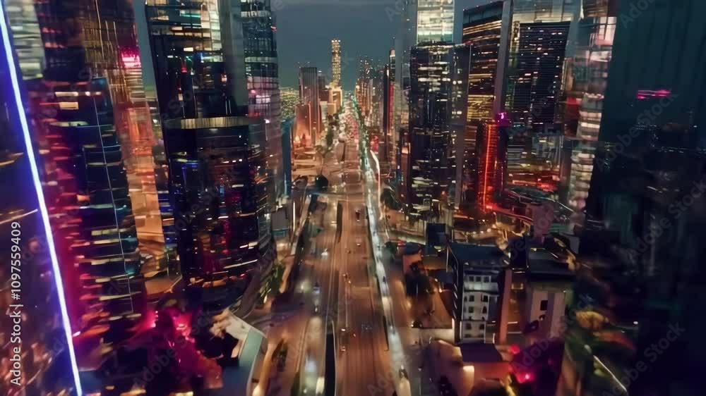 A vibrant city skyline at night with illuminated buildings and streets. A vibrant city skyline at night with illuminated buildings and streets.