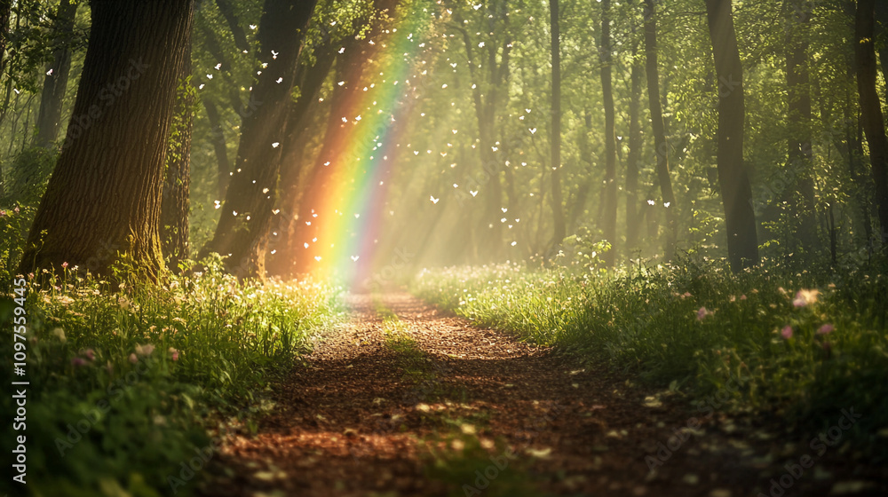Fototapeta premium Colorful rainbow shines through a serene forest path surrounded by blooming flowers