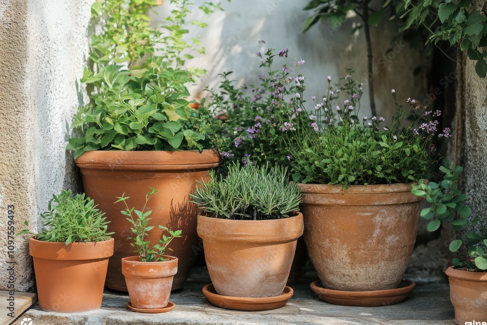 Potted plants with terracotta textures, rustic and classic for traditional gardens Potted plants with terracotta textures, rustic and classic for traditional gardens