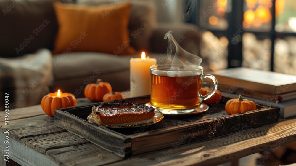 Obraz premium Cozy autumn scene with tea, pumpkin pie, and candles.