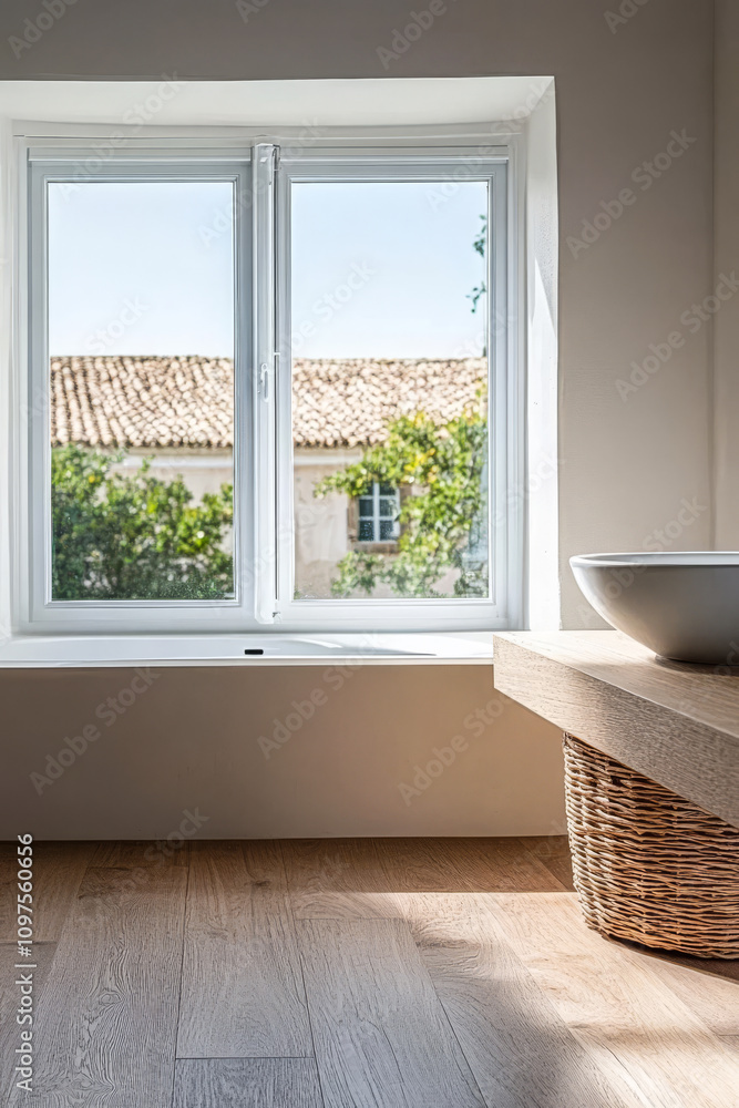 Fototapeta premium Bright interior with a window view and wooden flooring in a cozy setting