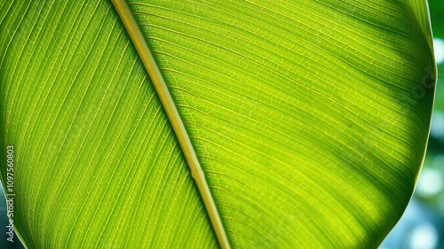 Vibrant Green Leaf Texture Close-up Detail of Parallel Veins and Midrib photo