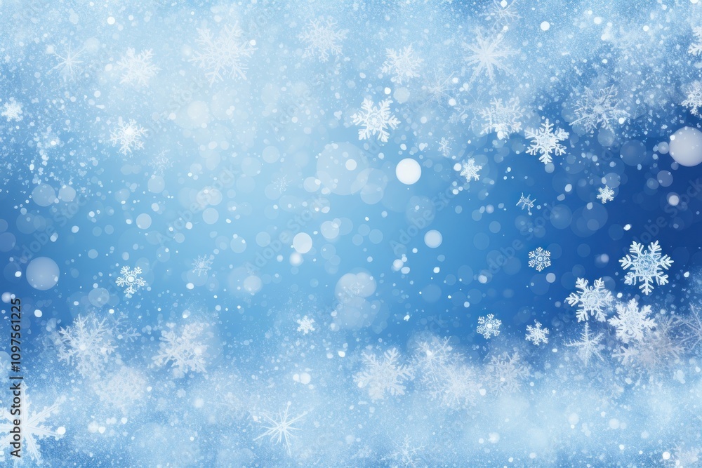 Fototapeta premium Clear white snowflakes on a blue background winter illustration atmosphere.