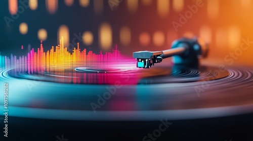 Colorful vinyl record player with vibrant sound waves, dynamic music scene.