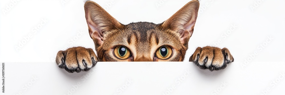 Fototapeta premium A curious cat peeking over a white surface with expressive eyes and paws visible.