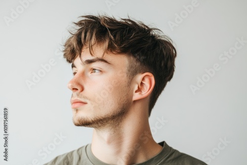 Studio portrait of man with stylish haircut, minimalist background, modern appearance, 