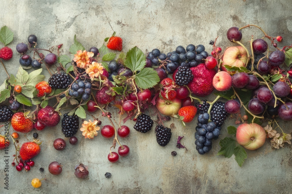 Summer berries laid out on a rustic table, bursting with vibrant colors and textures Summer berries laid out on a rustic table, bursting with vibrant colors and textures