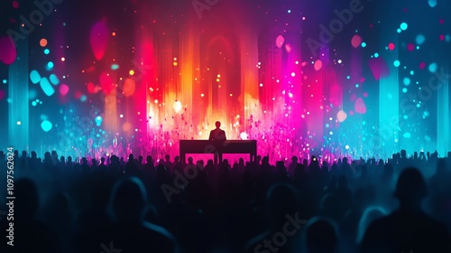 Vibrant concert scene with colorful lights and crowd enjoying live music performance.