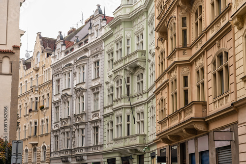 Photography Facades of architecturally beautiful buildings in the Jewish quarter of the city of Prague, Czechia