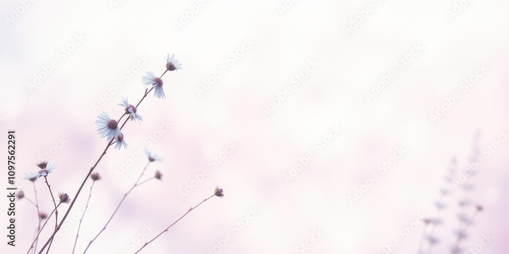 Delicate White Flowers on Slender Stems Against a Soft Pink Background Delicate White Flowers on Slender Stems Against a Soft Pink Background