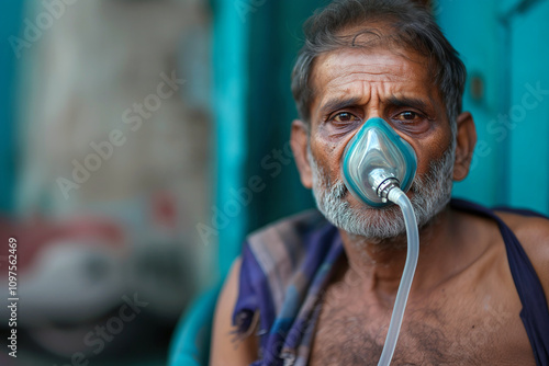 An indian man wearing oxygen mask due to air pollution in delhi.