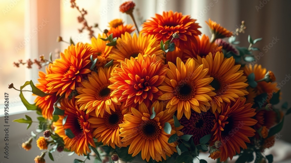Vibrant autumnal bouquet of orange and dark red flowers in a vase, near a window with sunlight Vibrant autumnal bouquet of orange and dark red flowers in a vase, near a window with sunlight