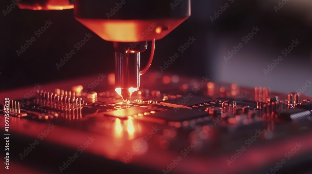 Close-up of a soldering iron precisely soldering a microchip onto a circuit board. Close-up of a soldering iron precisely soldering a microchip onto a circuit board.