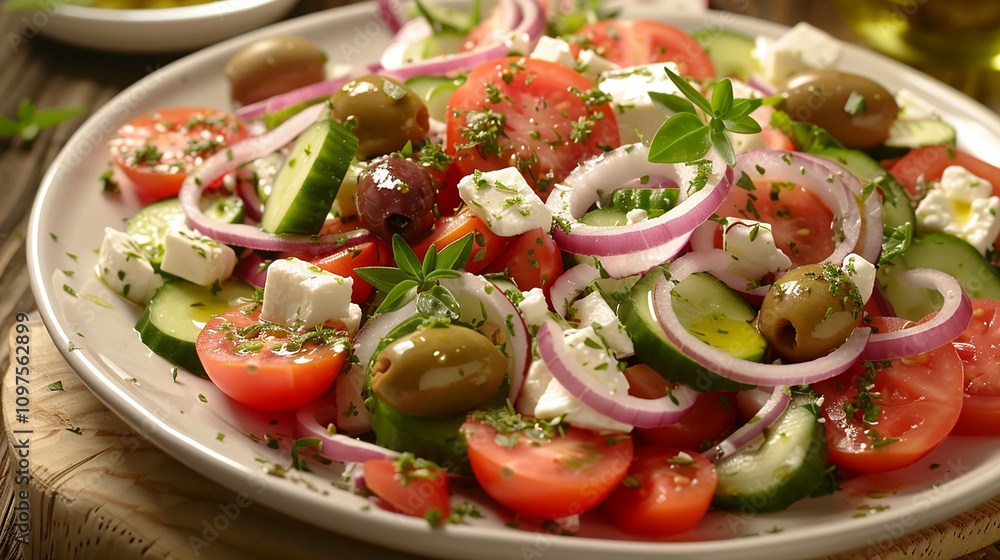 A traditional Greek salad with ripe tomatoes, cucumbers, red onions, Kalamata olives, and feta cheese, drizzled with olive oil and sprinkled with oregano. A traditional Greek salad with ripe tomatoes, cucumbers, red onions, Kalamata olives, and feta cheese, drizzled with olive oil and sprinkled with oregano.