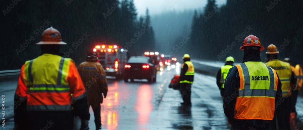 Fototapeta premium Emergency Response Team at Night: Road Construction Workers in High-Visibility Gear Assisting with Accident Cleanup on Rainy Highway