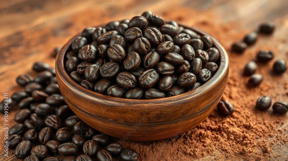 Fototapeta premium Aromatic Roasted Coffee Beans in a Rustic Wooden Bowl Surrounded by Ground Coffee
