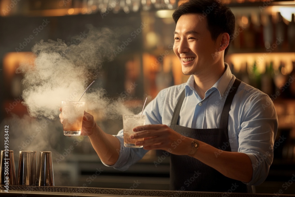 Expert Bartender Mixing Cocktails with Flair in a Stylish Bar Atmosphere - Creative Drink Presentation and Smoky Effects