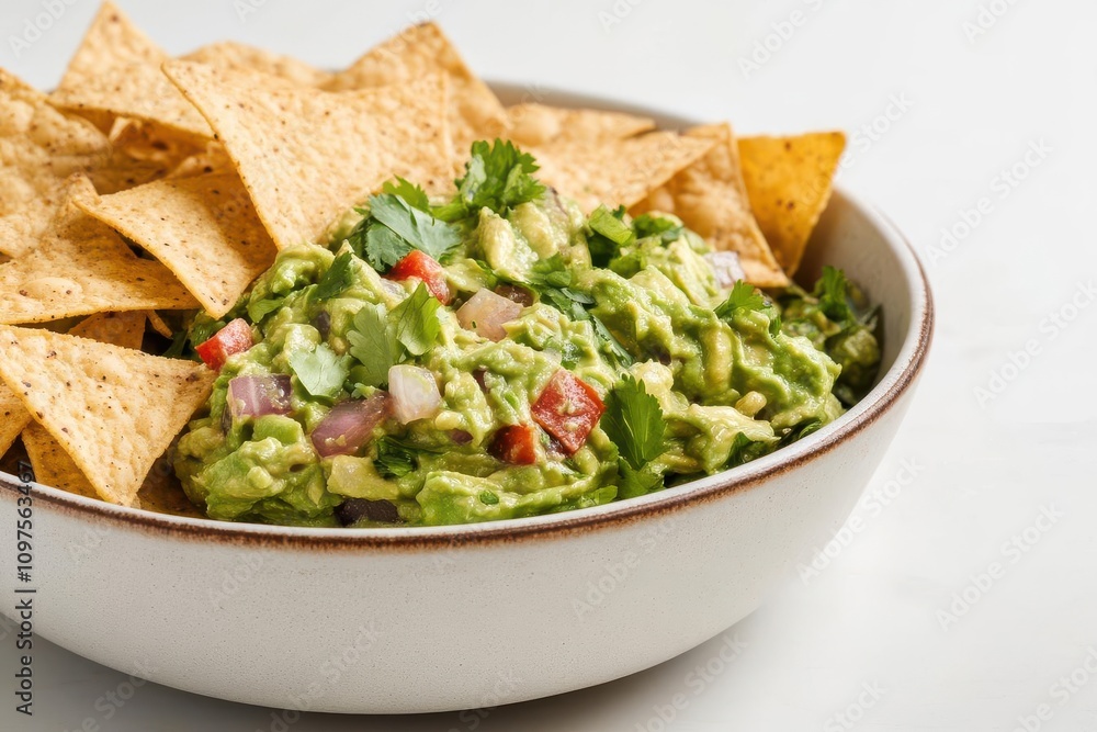 A bowl of fresh guacamole garnished with cilantro, served with crispy tortilla chips. A bowl of fresh guacamole garnished with cilantro, served with crispy tortilla chips.