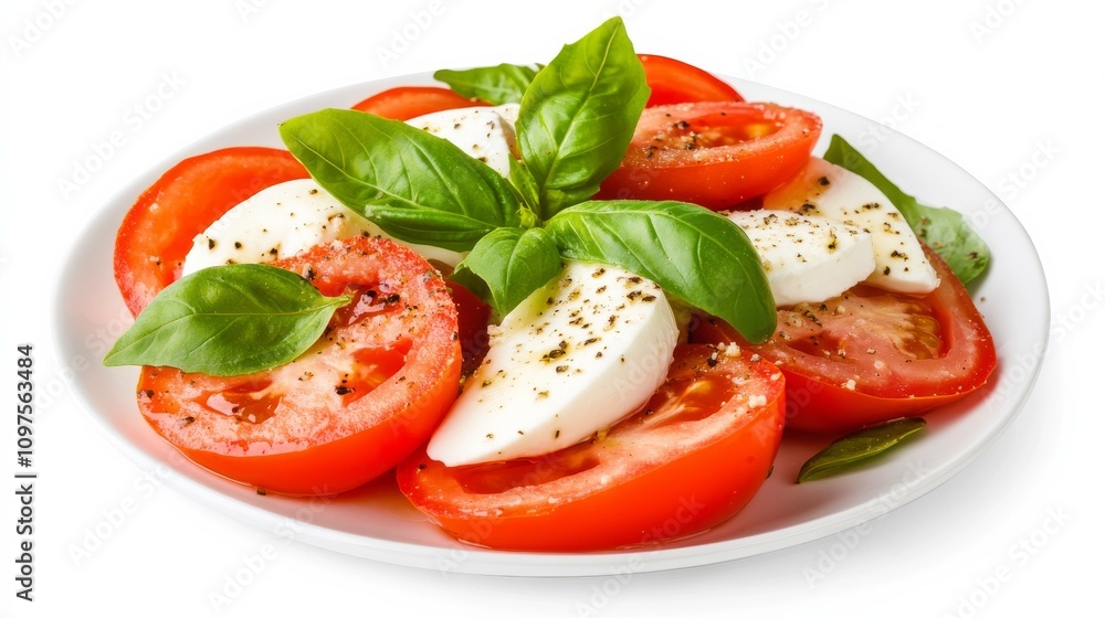 A plate of colorful caprese salad with slices of ripe tomatoes, fresh mozzarella cheese, and basil leaves A plate of colorful caprese salad with slices of ripe tomatoes, fresh mozzarella cheese, and basil leaves